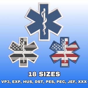 May include: Three embroidered Star of Life emblems in blue, black and white, and red, white, and blue. Each emblem features a white staff with a serpent. The text "18 SIZES" is below the emblems.