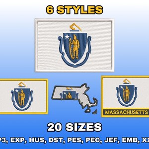 Massachusetts Flag Embroidery Design, Digital Machine Embroidery Files, US State Flag Embroidery Pattern, Instant Download, Multiple Sizes