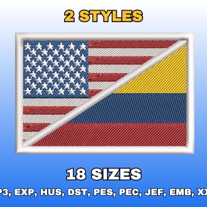 Diseño de bordado de bandera mixta de EE. UU. y Colombia, archivo digital para bordado a máquina, mitad bandera estadounidense, mitad bandera colombiana, banderas divididas combinadas.