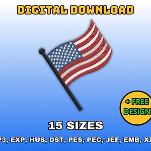 Puede incluir: Descarga digital de 15 tamaños de un diseño de bordado de bandera estadounidense en varios formatos, incluidos VP3, EXP, HUS, DST, PES, PEC, JEF, EMB y XXX. + DISEÑO GRATIS.