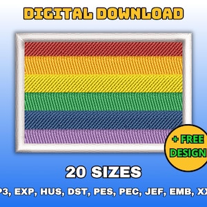 Könnte beinhalten: Digitaler Download-Grafik mit einem Regenbogenflaggen-Design mit roten, orangefarbenen, gelben, grünen, blauen und violetten Streifen. Das Bild enthält den Text "DIGITALER DOWNLOAD", "20 GRÖSSEN" und "+ FREE DESIGN".