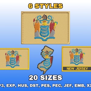 New Jersey Flag Embroidery Design, Digital Machine Embroidery Files, US State Flag Embroidery Pattern, Instant Download, Multiple Sizes