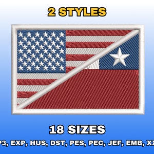 May include: Embroidered patch featuring a split design with the American flag on the left and a star on a blue field over a red background on the right. The text "2 STYLES" and "18 SIZES" are displayed above and below the patch. The patch is bordered with white stitching.