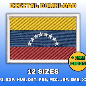 Venezuela flag embroidery design, Digital machine embroidery file, Venezuelan flag embroidery pattern, Instant download in multiple size