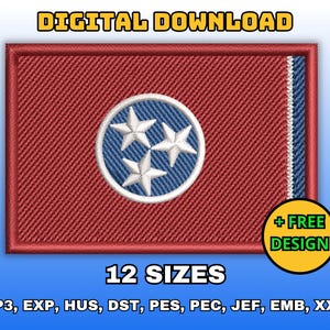 Tennessee flag embroidery design, Digital machine embroidery files, USA state flag embroidery pattern, Instant download in multiple sizes