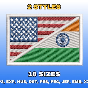 Puede incluir: Parche bordado con las banderas estadounidense e india, divididas diagonalmente. La sección estadounidense muestra rayas rojas y blancas con estrellas azules. La sección india muestra rayas naranjas, blancas y verdes con una rueda azul. El texto dice "2 STYLES" y "18 SIZES".