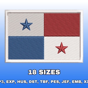 Könnte beinhalten: Ein rechteckiger gestickter Aufnäher mit der Flagge von Panama, bestehend aus einem weißen oberen linken Quadranten mit einem blauen Stern, einem roten oberen rechten Quadranten, einem blauen unteren linken Quadranten und einem weißen unteren rechten Quadranten mit einem roten Stern. Der Text lautet 18 SIZES.