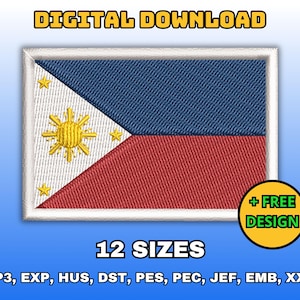 May include: A digital download of 12 embroidery designs of the Philippine flag in various sizes. The designs are available in VP3, EXP, HUS, DST, PES, PEC, JEF, EMB, and XXX formats. + FREE DESIGN