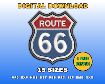 Route 66 Embroidery Design, Digital file for machine embroidery, Route 66 Sign pattern, Instant download in 15 sizes