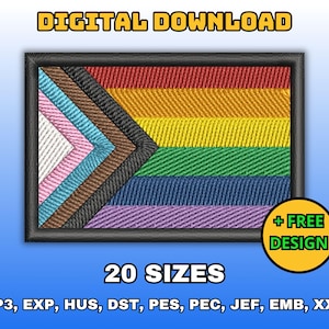 May include: Digital download of a pride flag embroidery design in 20 sizes. The flag is a rainbow with a white, pink, and light blue triangle in the top left corner. The text "DIGITAL DOWNLOAD", "20 SIZES", "+ FREE DESIGN", and "VP3, EXP, HUS, DST, PES, PEC, JEF, EMB, XXX" is also included in the image.