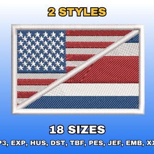 Blandad broderidesign för USA och Costa Rica-flaggan, digital maskinbroderifil, halv amerikansk halv Costa Rica-flagga, kombinerade delade flaggor