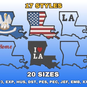 May include: An image featuring embroidered designs of the Louisiana state outline in various styles. Some designs include the state flag, the state bird, and the text "Home" and "I ❤️ LA". The text "17 STYLES" and "20 SIZES" are also displayed.