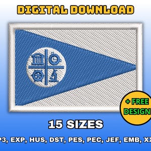 May include: Embroidered patch with a blue and white flag design. The flag features a blue triangle and a circular emblem. Text on the image reads "DIGITAL DOWNLOAD", "15 SIZES", and "+ FREE DESIGN".