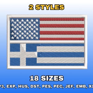 Puede incluir: Parche bordado con las banderas de Estados Unidos y Grecia. La mitad superior muestra la bandera estadounidense, mientras que la inferior muestra la bandera griega. Texto: "2 ESTILOS" y "18 TAMAÑOS".