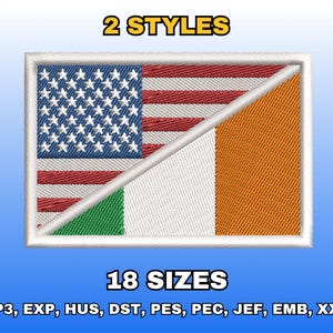 Puede incluir: Parche bordado con un diseño dividido que combina las banderas estadounidense e irlandesa. La bandera estadounidense presenta estrellas y rayas, y la bandera irlandesa muestra verde, blanco y naranja. El texto incluye "2 STYLES" y "18 SIZES".