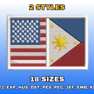 Puede incluir: Parche bordado con las banderas de Estados Unidos y Filipinas. El lado de la bandera estadounidense muestra rayas rojas y blancas con un campo azul de estrellas blancas. El lado de la bandera filipina muestra un sol, estrellas y secciones rojas, blancas y azules. Texto "2 STYLES" y "18 SIZES".
