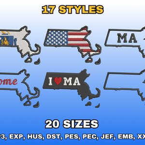Puede incluir: Imagen que presenta diseños bordados del contorno del estado de Massachusetts en varios estilos. Algunos diseños incluyen la bandera estadounidense, el texto "MA" y la frase "Home". La imagen también muestra el texto "17 STYLES" y "20 SIZES".