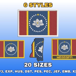 Desenho de bordado da bandeira do Mississippi, arquivos digitais para bordado à máquina, padrão de bordado da bandeira do estado do Mississippi dos EUA, download instantâneo, vários tamanhos.