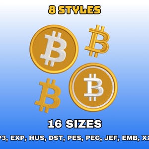 May include: Image features four gold-colored Bitcoin designs, including two coins and two stylized letter B symbols. The text "8 STYLES" and "16 SIZES" are displayed in yellow. Below, various file formats are listed. The background is a gradient of blue.