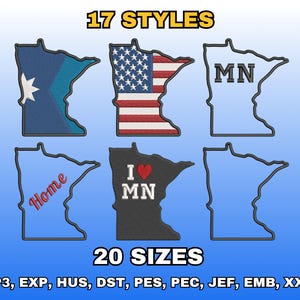 Könnte beinhalten: Das Bild zeigt verschiedene gestickte Umrisse des Bundesstaates Minnesota in unterschiedlichen Stilen. Einige Designs enthalten die amerikanische Flagge, den Text "MN" und den Schriftzug "I ❤️ MN". Der Text "17 STYLES" und "20 SIZES" ist ebenfalls zu sehen.