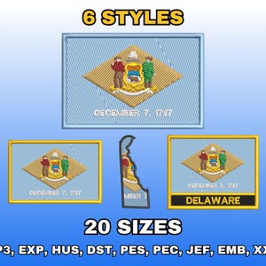 Delaware Flag Embroidery Design, Digital Machine Embroidery Files, US State Flag Embroidery Pattern, Instant Download, Multiple Sizes