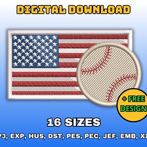 May include: A digital download of 16 embroidery designs featuring an American flag with a baseball stitched on top. The designs are available in VP3, EXP, HUS, DST, PES, PEC, JEF, EMB, and XXX formats.  + FREE DESIGN