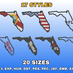 Puede incluir: Imagen que muestra varios bordados con la forma del estado de Florida. Algunos diseños presentan la bandera estadounidense, la bandera estatal o las palabras "Home" e "I FL". También se muestra el texto "17 STYLES" y "20 SIZES".