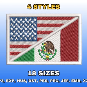 Broderidesign med dubbla USA- och Mexiko-flaggor, direkt nedladdning i flera storlekar, digitala maskinbroderifiler, kombinerade halvdelade flaggor