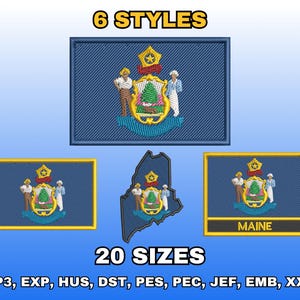 Maine Flag Embroidery Design, Digital Machine Embroidery Files, US State Flag Embroidery Pattern, Instant Download, Multiple Sizes