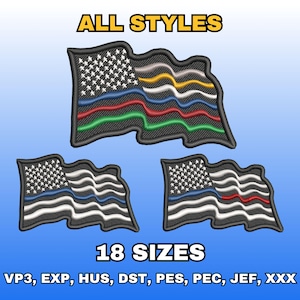 May include: Embroidered flag patches in various styles. The patches feature the American flag design with different colored lines. The text "ALL STYLES" and "18 SIZES" are displayed. The bottom of the image lists embroidery file formats.