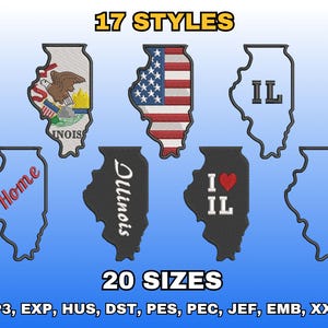 May include: An image showcasing various Illinois-themed designs. The designs are in the shape of the state, with different patterns and text, including the American flag, the word "Home", and "Illinois". The text "17 STYLES" and "20 SIZES" are also present.