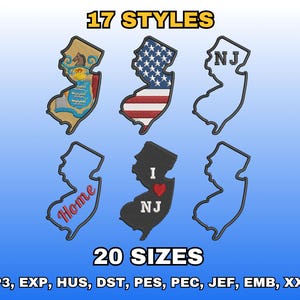 Puede incluir: Imagen que presenta seis diseños bordados del estado de Nueva Jersey. Los diseños incluyen el contorno del estado, la bandera estatal y los textos "Home" e "I NJ". También se muestran los textos "17 STYLES" y "20 SIZES".