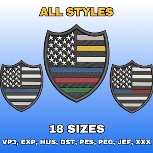 May include: Three embroidered shield patches with an American flag design. Each shield features a different color stripe, including blue, red, yellow, and green. The text "ALL STYLES" and "18 SIZES" are displayed above and below the patches.