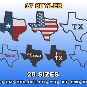 Op de afbeelding: Afbeelding met borduursels van de staat Texas. De ontwerpen omvatten de Texas-vlag, de Amerikaanse vlag en contouren met teksten als "TX", "Home", "Texas" en "I ❤️ TX". De teksten "17 STIJLEN" en "20 MATEN" zijn ook aanwezig.