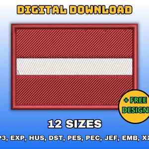 May include: Digital download of 12 embroidery designs of the Latvian flag in red, white, and red. The designs are available in VP3, EXP, HUS, DST, PES, PEC, JEF, EMB, and XXX formats. + FREE DESIGN