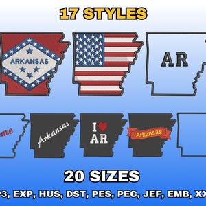 May include: An image featuring embroidered designs of the Arkansas state outline. The designs include the state flag, the American flag, and text such as "AR", "Home", "Arkansas", and "I ❤️ AR". The image also displays "17 STYLES" and "20 SIZES".