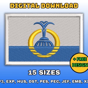 May include: Embroidered patch with a blue and white background, featuring a gold emblem and the text "DIGITAL DOWNLOAD". The patch includes the text "15 SIZES" and "+ FREE DESIGN".