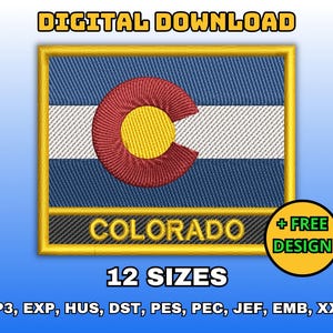 Colorado Flag with text label - embroidery design, Digital machine embroidery file, State flag pattern, Instant download in multiple sizes