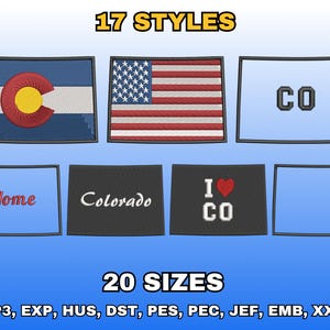 Puede incluir: Imagen que muestra varios parches bordados con la forma del estado de Colorado. Los parches presentan diferentes diseños, incluyendo la bandera del estado de Colorado, la bandera estadounidense y texto como "CO", "Home", "Colorado" e "I ❤️ CO". La imagen también muestra el texto "17 STYLES" y "20 SIZES".