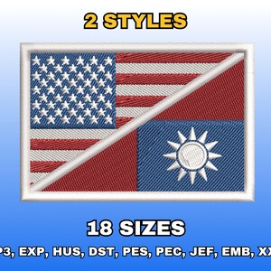 May include: Embroidered patch featuring a split design with the American flag on the top left and a flag with a sunburst on a blue background on the bottom right. The text "2 STYLES" and "18 SIZES" are displayed above and below the patch.