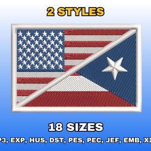Puede incluir: Parche bordado con un diseño dividido: la bandera estadounidense a la izquierda y la bandera puertorriqueña a la derecha, con un borde blanco. El texto "2 STYLES" está en la parte superior y "18 SIZES" en la inferior.