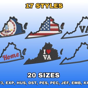 Puede incluir: Imagen que presenta diseños bordados del estado de Virginia en varios estilos. Los diseños incluyen la bandera del estado de Virginia, la bandera estadounidense y las palabras "VA" y "Home". También se muestra el texto "17 STYLES" y "20 SIZES".