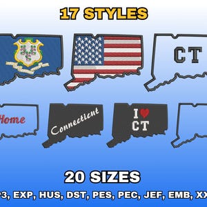 Puede incluir: Imagen que muestra varios diseños bordados del estado de Connecticut. Los diseños incluyen el contorno del estado relleno con la bandera estadounidense, el sello estatal y los textos "CT", "Home", "Connecticut" e "I ❤️ CT". La imagen también muestra "17 ESTILOS" y "20 TAMAÑOS".