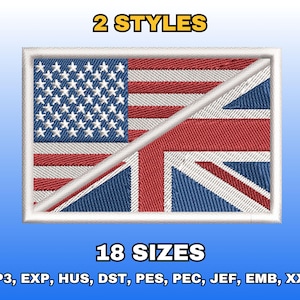 Può includere: Toppa ricamata con un design combinato delle bandiere americana e britannica. La toppa è rettangolare con un bordo bianco e il testo "2 STYLES" e "18 SIZES". La toppa è rossa, bianca e blu.