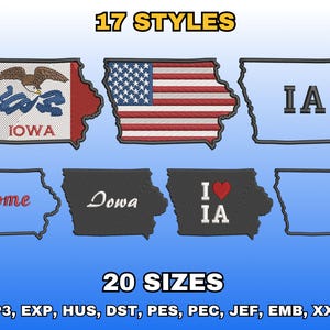 Puede incluir: Imagen que muestra varios diseños bordados del estado de Iowa. Los diseños incluyen la bandera del estado de Iowa, la bandera estadounidense y texto como "IA", "Home" e "I ❤️ IA". La imagen también muestra "17 ESTILOS" y "20 TAMAÑOS".