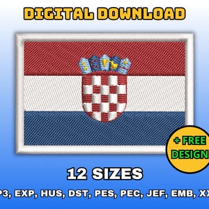May include: A digital download of 12 embroidery designs of the Croatian flag in various formats, including VP3, EXP, HUS, DST, PES, PEC, JEF, EMB, and XXX. The flag is red, white, and blue with a checkered shield in the center.