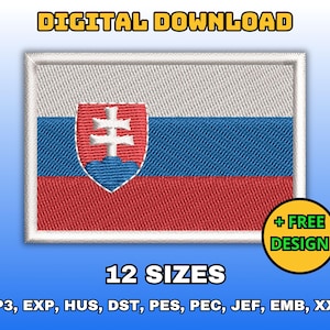Pode incluir: Download digital de 12 desenhos de bordado da bandeira eslovaca em vários formatos, incluindo VP3, EXP, HUS, DST, PES, PEC, JEF, EMB e XXX. A bandeira é branca, azul e vermelha com o brasão de armas eslovaco no centro.