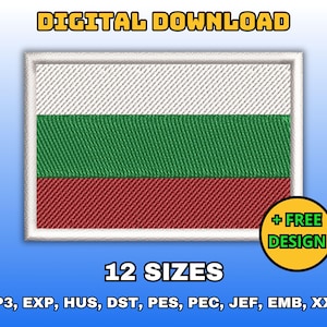 May include: Digital download of 12 embroidery designs of the Bulgarian flag in various formats, including VP3, EXP, HUS, DST, PES, PEC, JEF, EMB, and XXX.  + FREE DESIGN