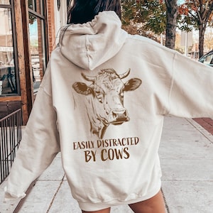 Easily Distracted By Cows Hoodie, Cow Lover Shirt, Farm Animal Sweatshirt, Cow Farmer Sweatshirt, Cow Hoodie, Funny Animal Graphic Tee