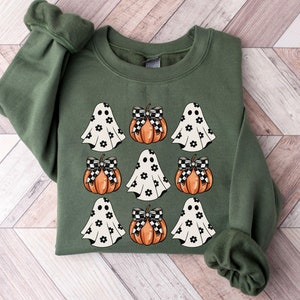 Coquette Ghosts And Pumpkins Sweatshirt, Women&#39;s Halloween Sweatshirt, Cute Spooky Shirt, Halloween Pumpkin Hoodie, Fall Vibes Sweatshirt